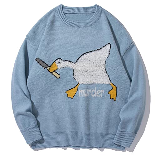 ShapeW Unisex Harajuku Langarm O-Neck Sweater Funny Cartoon Gans Duck Murder Jacquard Printed Knit Oversized Pullover Tops, hellblau, L Cover