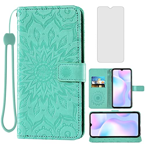 Phone Case For Xiaomi Redmi 9A Redme 9I Wallet Cases With Tempered Glass Screen Protector And Leather Slim Flip Cover Card Holder Stand Cell Xiami Xiomis Xiome Redmi9A A9 Redmi9I I9 Women Green #TOP5