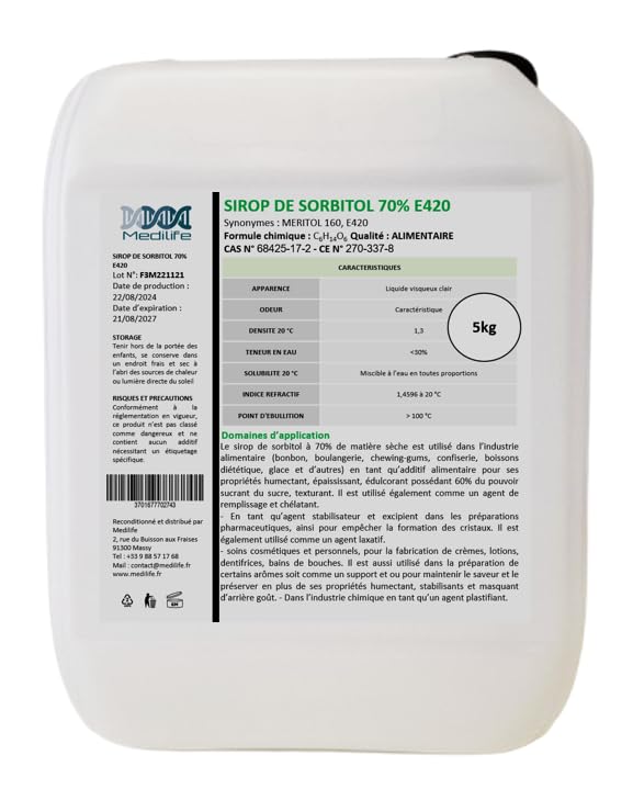 5L Sorbitol E420, Sorbitol 70% - utrzymująca wilgoć i środek nawilżający - jakość kosmetyków/żywność - do pielęgnacji, mydła, żele, kosmetyki DIY - przezroczysty płyn, cukier