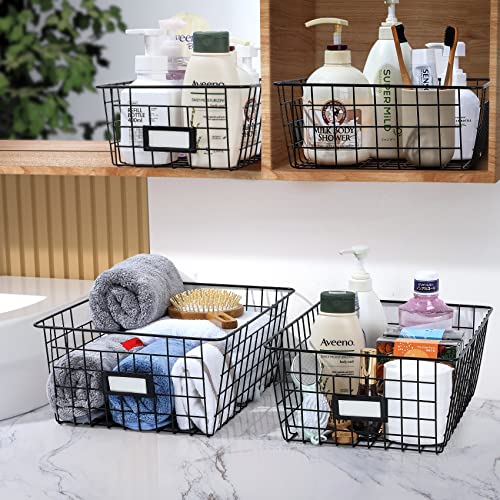 6 Pack [ Extra Large ] Wire Storage Baskets For Organizing With Lables, Pantry Organization Bins For Cabinets - Metal Basket For Kitchen, Laundry, Garage, Fridge, Bathroom Countertop Organizer, Black #TOP4