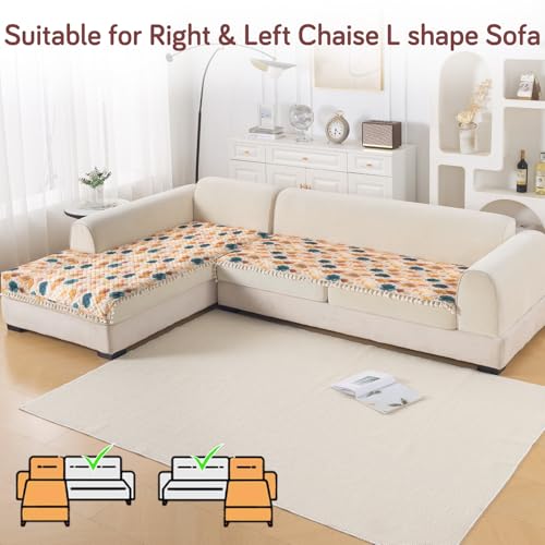 Image of HOKIPO Boho Wildflower L Shape (2+2 Seater) Sofa Seat Mat with Tassel| Quilted Sofa Cover Mat, 'Tassel Twigs' Series (IN-983-T11 + IN-984-T11)