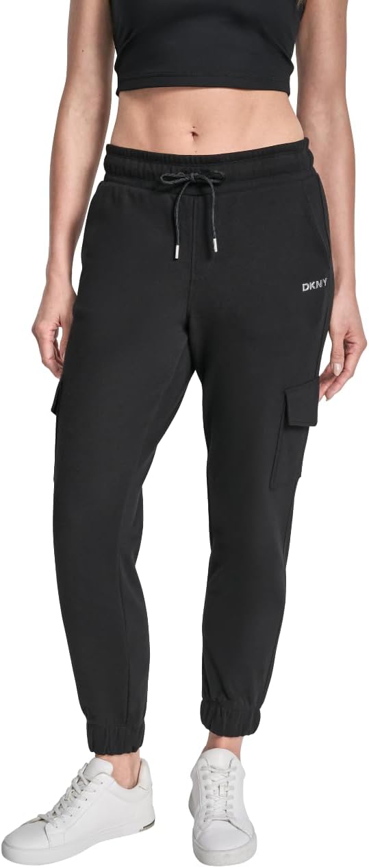 DKNY Womens Metallic Bubble Logo Slim Fit Cargo Jogger Sweatpants with Pockets