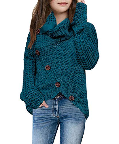 Haloumoning Girls Sweaters Button Turtle Cowl Neck Asymmetric Hem Wrap Pullover Sweaters for Girls