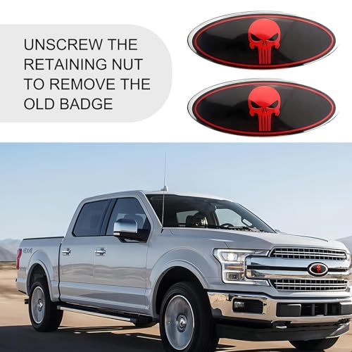 Image of Pack-2 Rear Tailgate Emblem Badge Nameplate, Front Grille Emblem with Skull Pattern, Automobile Decorative Accessories, Compatible with Ford F150 F250 (Red)