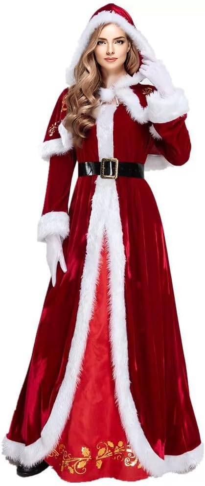 Christmas Women’s Mrs Claus Costume Set Christmas Cosplay Suit with Dress Hooded Cloak Cape Belt Gloves Outfits for Party - Image 6