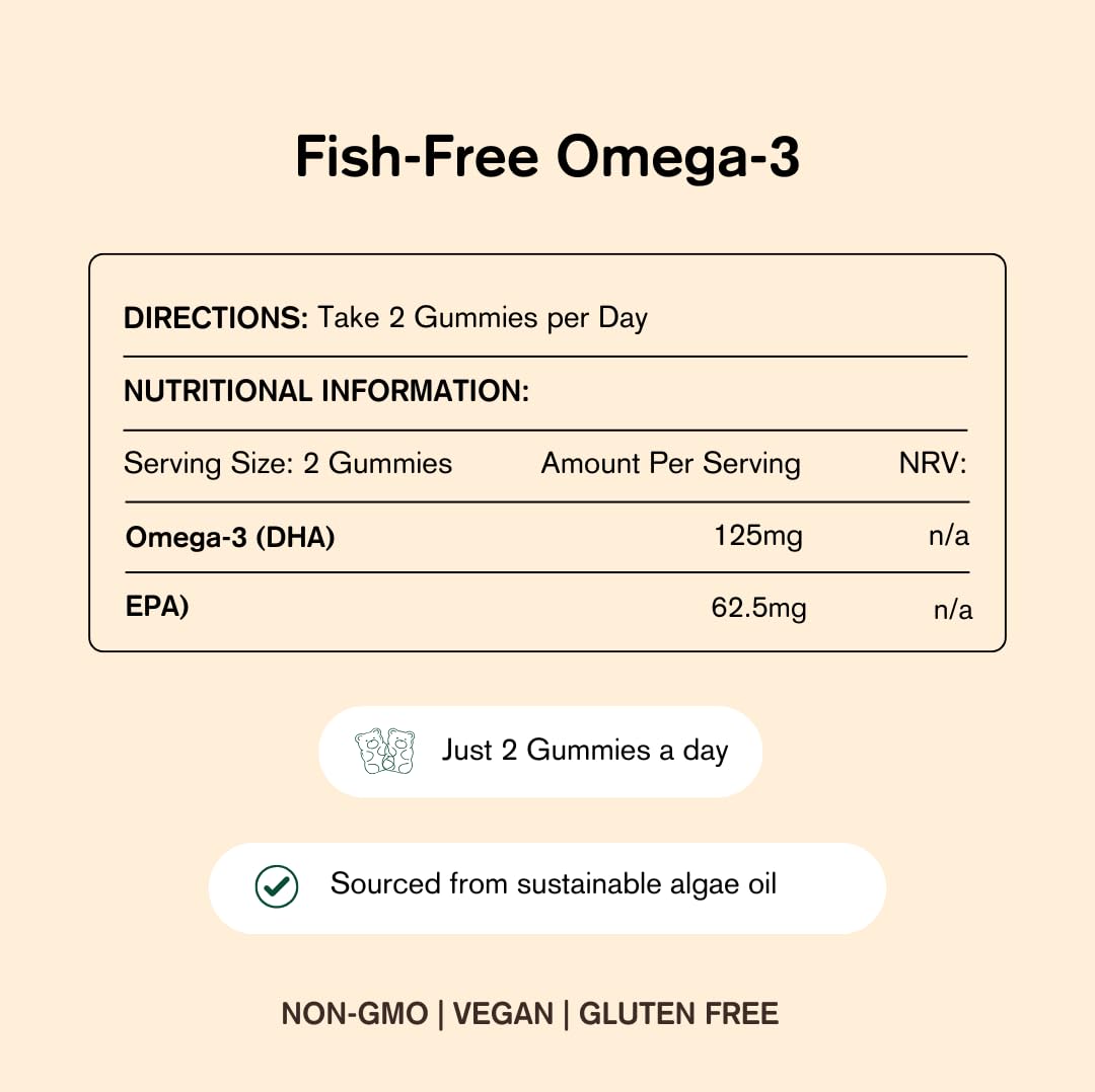 Vegums Omega 3 Gummies for The Whole Family – Vegan DHA & EPA from Algae – Kids & Adults Omega-3 Supplement – Supports Brain, Heart & Eye Health – Natural Fruit Flavor Omega 3 for The Whole Family