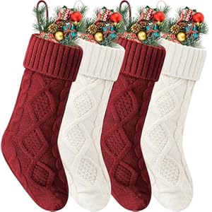 VIBILIA Christmas Stockings 4 Pack, 18 Inches Large Size Knitted Xmas Stocking for Fireplace, Holiday Party Decorations (White Red) VIBILIA Christmas Stockings 4 Pack 18 Inches Large Size Knitted Xmas Stocking for Fireplace Holiday Party Decorations White Red