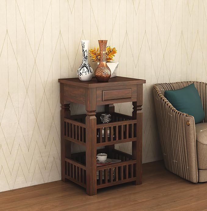 NATRUNO NATURE'S LOVE Solid Sheesham Wood Slim Bedside Table for Living Room – Narrow End Table with Drawer & Shelf Storage, Space-Saving Nightstand (Walnut Finish)-image-19