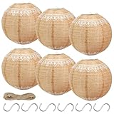 6 Stück Lampions mit Spitze - Laterne mit Weißes Spitzen, Hochzeitsdeko Vintage Braun Papier Laternen mit 6 S-Haken und Hanfseil Dekoration für Hochzeitsdeko, Hochzeit Party Deko,Gartenparty(20 cm)