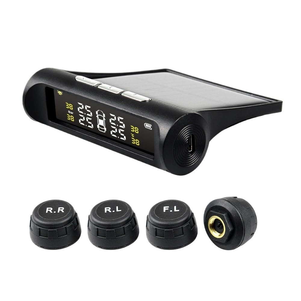 Tpms Sistema di monitoraggio dell'Allarme della Pressione dei Pneumatici for Auto Solare Sensore di Temperatura Interno ed Esterno dei Pneumatici a 4 Ruote Pressione Pneumatici(External)