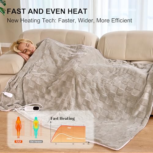 Image of IUUI Heated Blanket Electric Blanket Queen Dual Controller- 84x90 Inches Soft Flannel Heating Blanket,Fast Heating Blanket 6 Heating Levels & 2 Hours Auto Off ETL Certification(Light Brown, Queen)