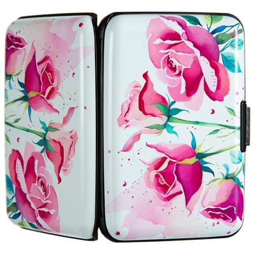 Image of Credit Card Holder Small RFID Blocking Wallet Business Metal Slim Mini Aluminum Hard Case for Women Men Gift, Watercolor Pink Roses, small, Minimalist, Compact, American