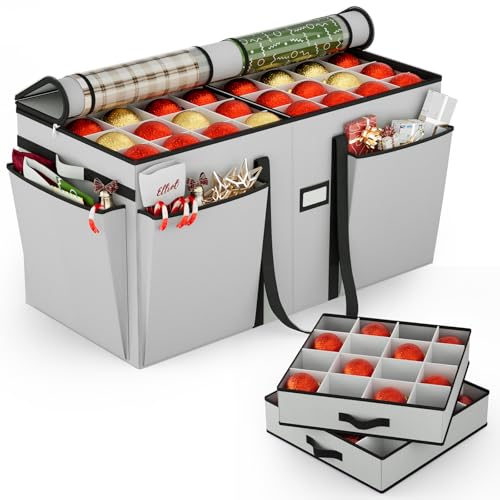 Image of VERONLY Christmas Bauble Storage Box with Dividers- Xmas Ornament Storage Container with Tray,Holiday Decor Bin for 128 Balls(Grey)