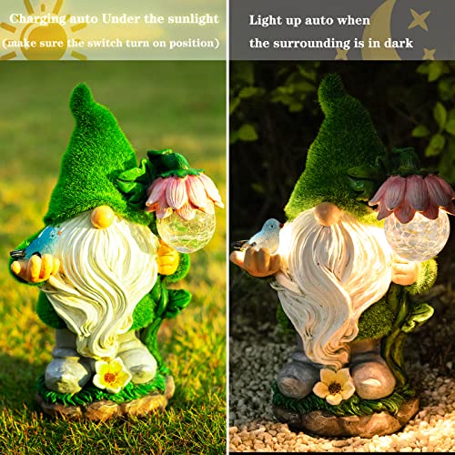 Ovewios Garden Gnome Statue - Funny Gnome Decoration Hold Flower With Solar Crackle Glass Globe Lights, Resin Gnome Figurine Ornament For Patio Yard Lawn Porch Outdoor Decor #TOP3