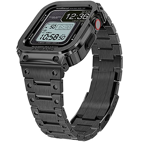 【2022改良モデル】 コンパチブル for Apple Watch バンド ステンレス ケースバンド 一体型 44mm Series 6/SE/5/4に対応 メンズメタルベルト 耐久性 耐衝撃 調整簡単 長さ調整器具付き 44 mm ブラック