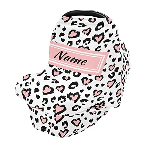 Custom Leopard Pink Heart Baby Car Seat Cover Personalized Your Name Nursing Covers Breastfeeding Scarf Infant Carseat Canopy for Mom Baby Gift