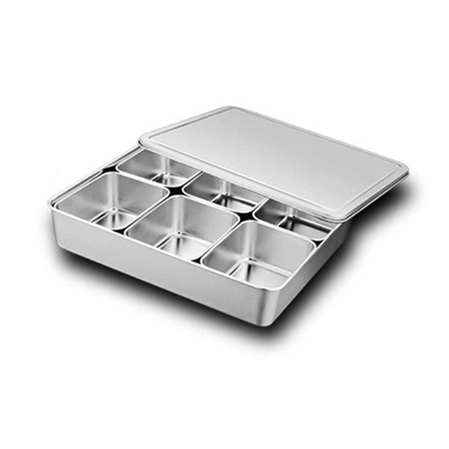 Unique Home Living Silver Stainless Steel Seasoning Box, 6 Compartment Spice Container With Lid, Condiments Storage Box, Spice Jar Condiments Garnish Tray For Home Kitchen, Bars, Restaurants