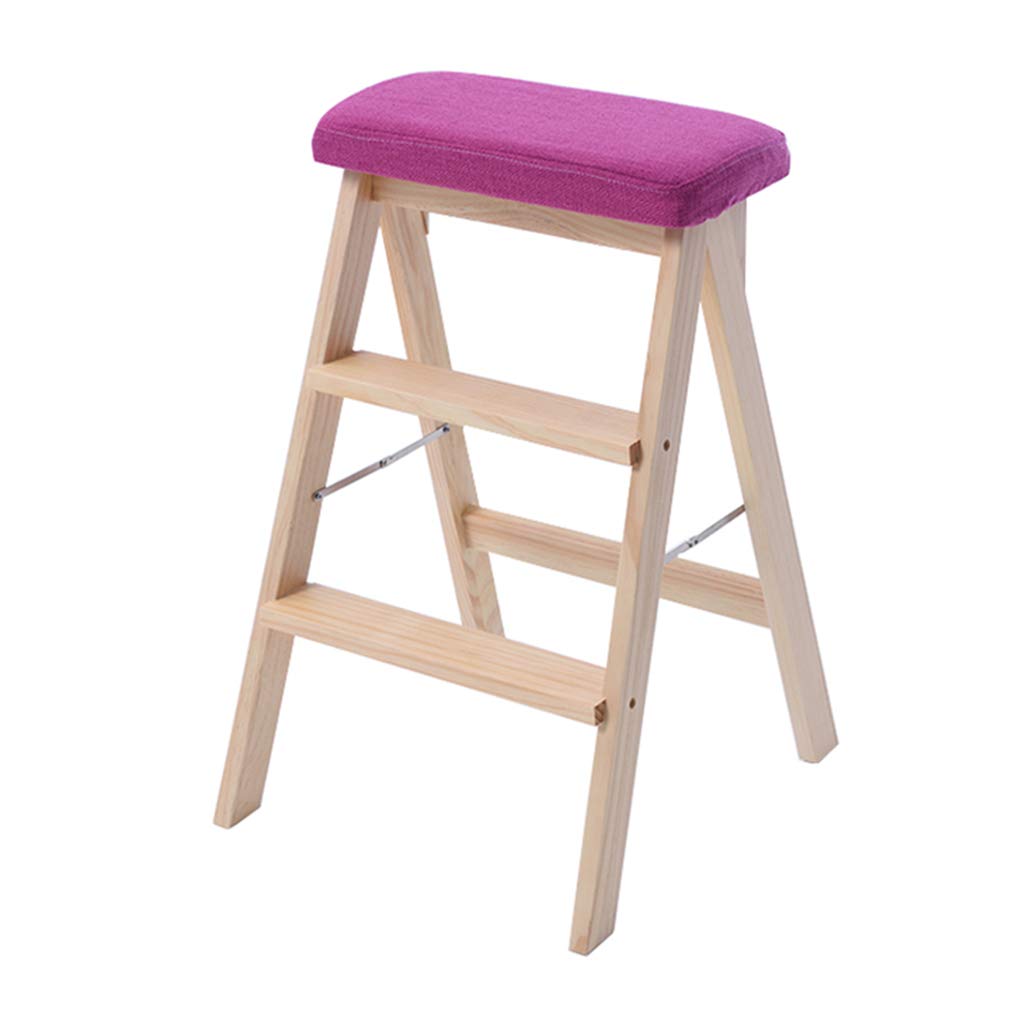 Escabeau pliant 3 marches en bois naturel et violet avec siège éponge