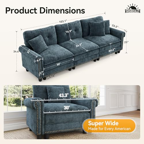Image of SUNSHINE VALLEY 103.1 inch Modular Sectional Couch for Living Room Deep Seats | Mid-Century Modern 3-Seater Cloud Sofa, Cyan, Rolled Arms & Nailhead Trim, Wider & Deeper Seats, Soft Chenille