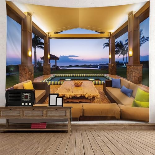 Aotiwe Tapiz genial para dormitorio, hombre, tapices de pared, invierno, villa, piscina, paisaje, amarillo, marrón, azul, tapiz único para dormitorio, 79 x 79 pulgadas