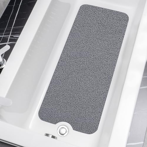 HITSLAM Alfombra de Bañera Antideslizante 101x40cm, Extra Largo Alfombra Ducha Antideslizante, Loofah de PVC Suave Alfombra Baño, Secado Rápido Alfombrilla Bañera, Sin Ventosa, Gris