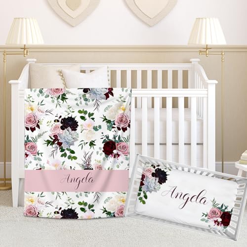 Personalized Baby Girls' Nursery Bedding - Custom Pink Purple Floral Comforter & Fitted Sheets with Name
