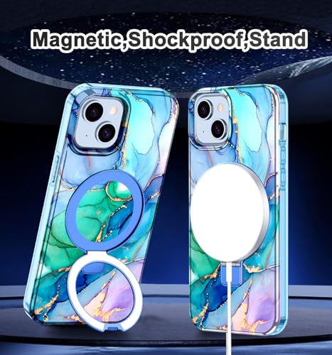 Lamcase for iPhone 13 Case,iPhone 14 Case with Magnetic Invisible Ring Stand [Compatible with MagSafe], Full Body Rugged Slim Women Men Girl Shockproof Marble Pattern Design Case, Cyan Blue - image 7