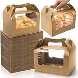 YIMITEE 50 Pack Large Gable Box with Window, 9'x6'x6' Kraft Paper Party Favor Treat Box, Goodie Gift Boxes with Handle, Lunch Togo Boxes for Christmas Birthday Wedding Picnic Bakery Catering