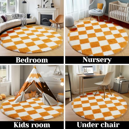 Image of KICMOR Round Rug 4ft Orange and Cream White Circle Area Rug, Fluffy Soft Fuzzy Shag Shaggy Bedroom Living Room Carpet, Indoor Checkered Circular Rug for Kids Boys Girls Home Decor Aesthetic, Nursery