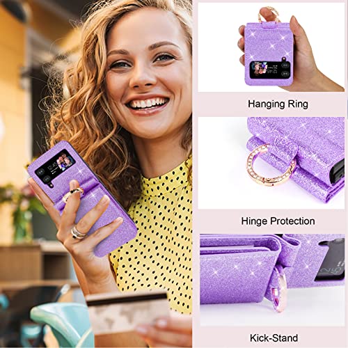 Ksridote For Samsung Galaxy Z Flip 4 Case With Ring Card Holder Hinge Protection, Bling Samsung Z Flip 4 Case Wallet Glitter Galaxy Z Flip 4 Wallet Case Cell Phone Case Cover Purse For Women, Purple #TOP1