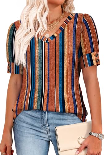 Image of OFEEFAN Womens Tops Short Sleeve Shirts Buttons V Neck Spring Fashion Summer Outfits Plus Size Blouses Dressy Casual