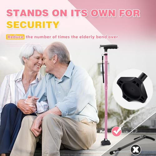 BeneCane Walking Cane for Women Folding Cane for Men with Two Led Lights Quad Cane with Stable Base Lightweight and Adjustable Walking Stick, Pink - Thumbnail 5