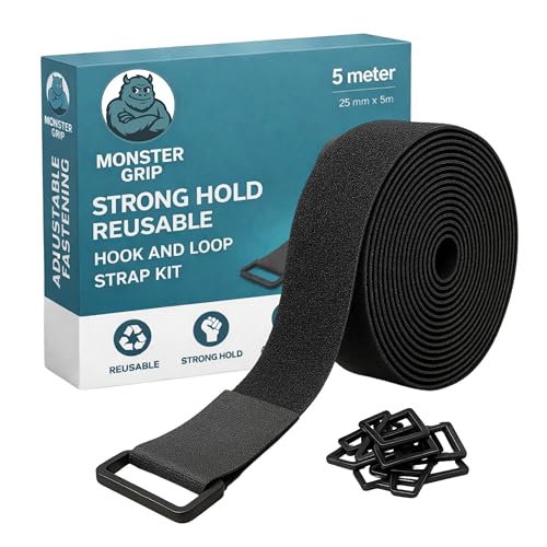 Adjustable Cable Strap 5m x 25mm Extreme Grip 25 Buckles Hook & Loop Kit