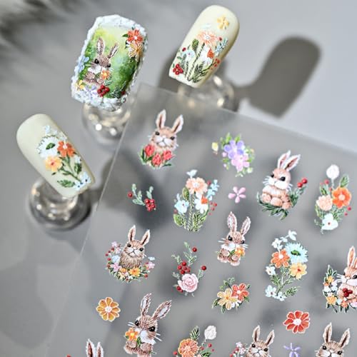 Image of Rabbit Nail Stickers for Nail Art Flower Nails Decals 5D Embossed with Design Self Adhesive Nails Charms for Women Cute DIY Decoration Accessories Supplies