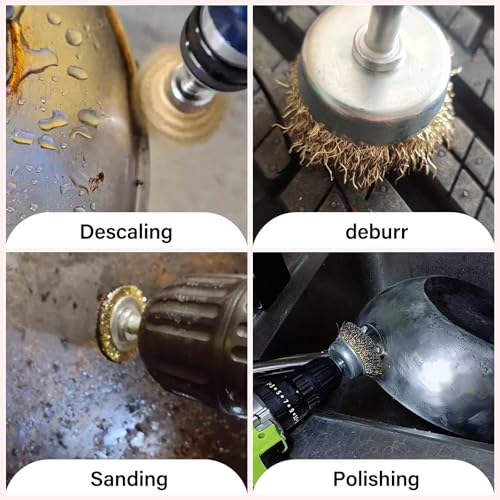 Image of 12Piece Abrasive Brass-Coated Wire Wheel Brush Set, Wire Wheel for 1 /4 inch Drill Shank for Descaling, Deburr, Sanding, Polishing