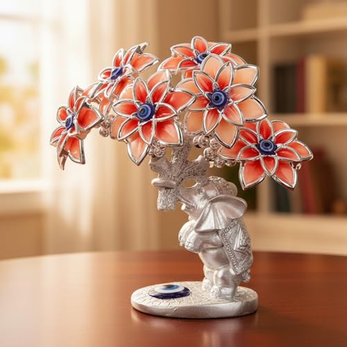 Image of eCraftIndia Tree of Life Bonsai Evil Eye Tree Elephant Statue Feng Shui Showpiece (Silver & Red) Feng Shui Items for Good Luck Positive Energy Vastu Shelf Living Room Home Decor Gift for Housewarming