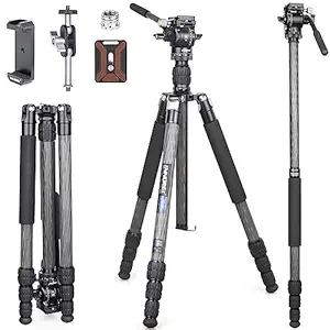 INNOREL RT45C+F10 Portable 10 Layers Carbon Fiber Tripod Professional Travel Compact Lightweight Tripod Monopod for DSLR Camera Camcorder with Mini Damping Fluid Video Head Magic Arm Phone Clip