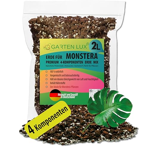 Garten lux ⭐ Premium Monstera Erde – 2L- 4-Komponenten Erde für Monstera – schnell entwässernde Erde für die Aufzucht und Umpflanzung von Pflanzen.