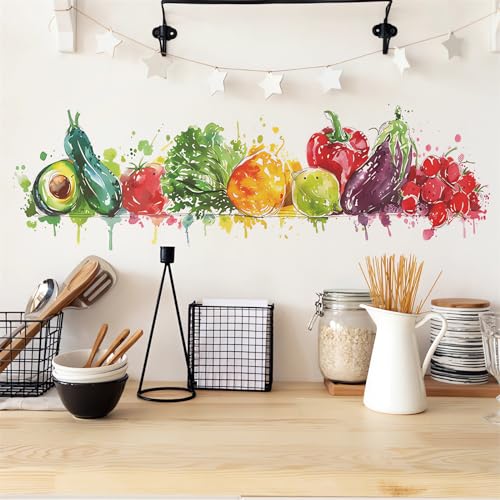 Colorful Fruits Vegetables Painted Wall Stickers, sacinora Avocado Eggplant Red Pepper Tomato Pear Cherry Wall Decals Removable Vinyl Peel and Stick for Kitchen Bedroom Art Home Decorations