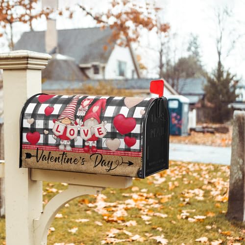 Image of Happy Valentine's Day Mailbox Cover Magnetic Standard Size 18 inch X 21 inch Love Heart Black White Plaid Decorative Mailbox Covers Ventine's Gnomes Decor Mailbox Post Letter Box Cover for Outdoor Decor