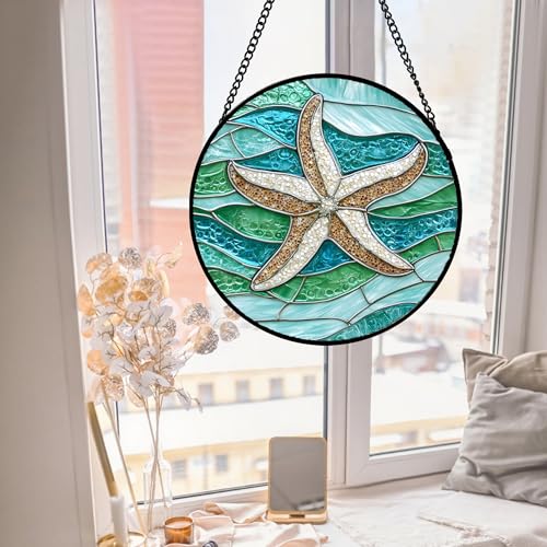 Image of DASTOLL Stained Glass Window Hanging Teal Sea Waves Starfish 6.3 inch - Suncatcher Door Garden Sun Catcher Home Decor Birthday Mother's Day for Mom Men Woman Parents Her Child Nana
