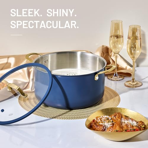 Image of CAROTE 8QT Full Clad Tri Ply Stainless Steel Stock Pot with Lid, Kitchen Stockpot Soup Pot, Outer Ceramic Layer, Even Heating, All Stoves Compatible, Oven & Dishwasher Safe, Stay Cool Handle, Blue