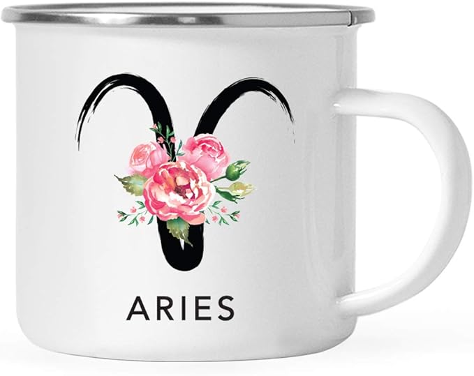 Andaz Press Astrological Zodiac Sign 11oz. Stainless Steel Campfire Coffee Tea Mug Gift, Aries Sign Symbol, Floral Brushed Stroke Design, 1-Pack, Birthday, Christmas, Horoscope Gift Ideas, Gift Box