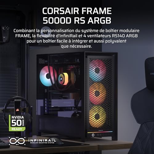 CORSAIR Frame 5000D RS ARGB Boîtier Modulaire Mid-Tower à Haut Débit d'air – 4X Ventilateurs RS Pré-Installés, Système de Support pour Ventilateur InfiniRail – Noir