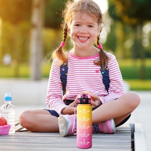 Trinkflasche 500ml, Motivierende Trinkflasche mit Zeitmarkierung, Auslaufsicher, Wasserflasche Kinder mit Filte, Kohlensäure Geeignet, Sport Wasserflasche für Radfahren, Schule, Junge, Mädchen