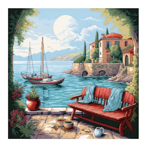 Image of 51buyoutgo 11CT Stamped Cross Stitch Kits for Adults - 16x16 IN Beginner Embroidery Kit with Easy Funny Washable Coastal Landscape Pattern, Pre Printed Fabric for DIY Home Decor, Gifts & Stress Relief