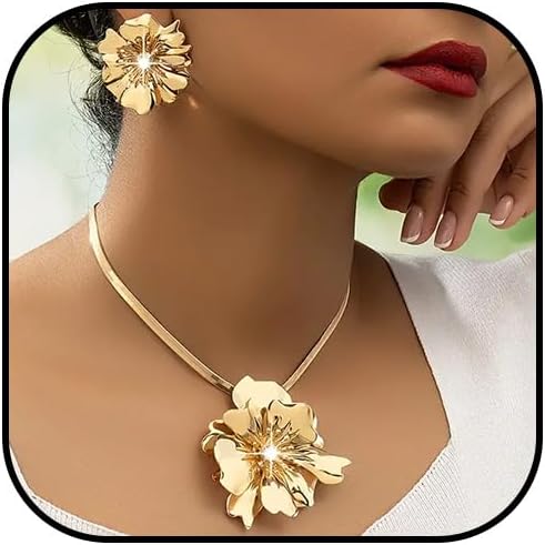 Gold Necklace and Earring Set Dainty Gold Jewelry Sets for Women Big Flower Statement Earrings Floral Choker Necklace Charms Prom Party Jewelry Gifts