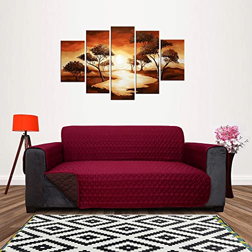 Image of DREAM KING 3 Layers Reversible Sofa Cover Polyester 3 Seater Quilted Sofa Cover with Side Pockets Maroon & Coffee