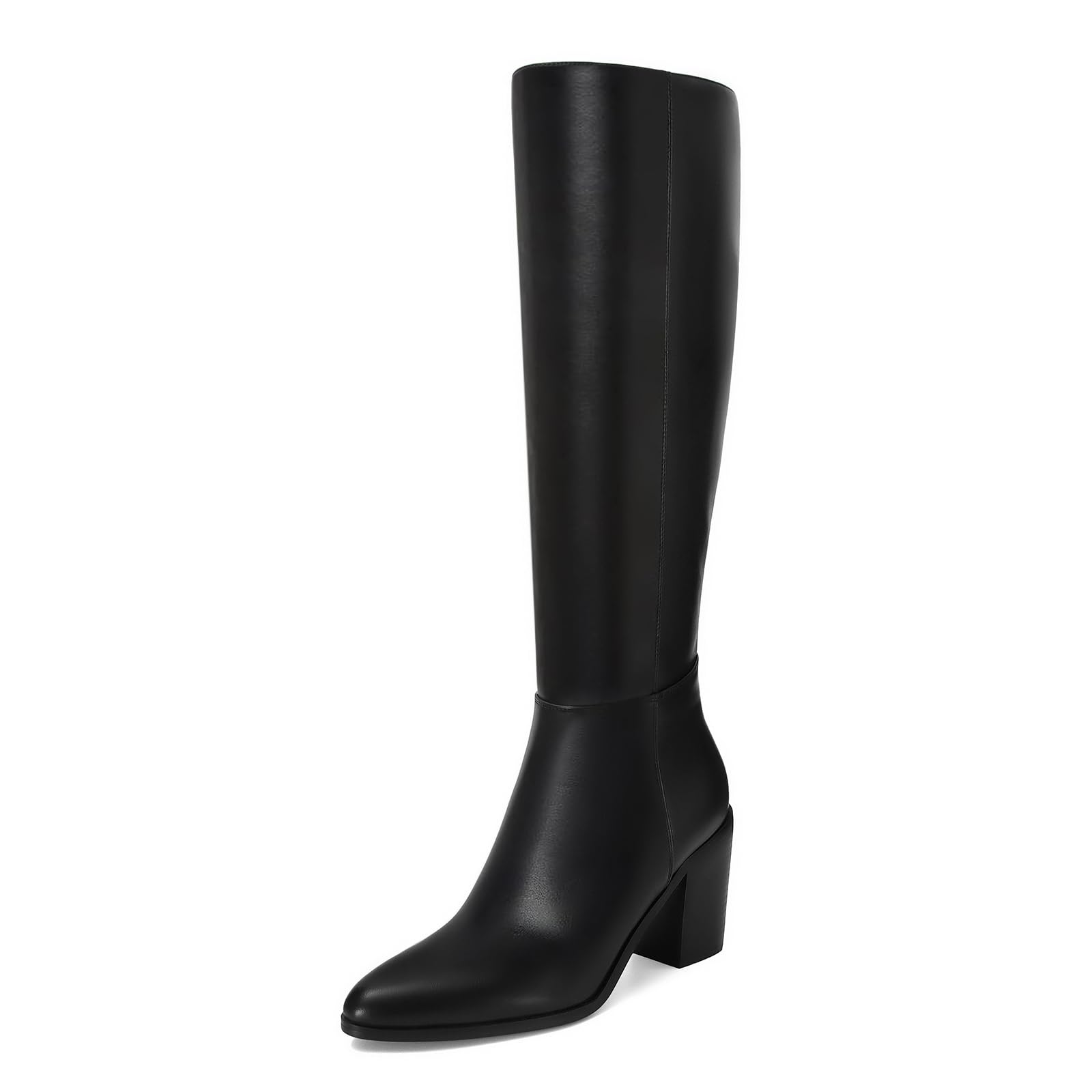 SOVANYOU Knee High Boots Women Leather Chunky Heel Tall Boots Pointed Toe Side Zip Comfortable Fall Winter Long