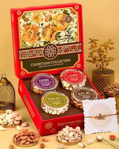 Image of Hyperfoods Rakhi With Dry Fruits 495g RawFruit Courtyard Collection Pack of 4 Dry Fruits Gift Box Rakhi Combo Set for Brother DryFruits Gift Pack Dryfruit Gift Hamper